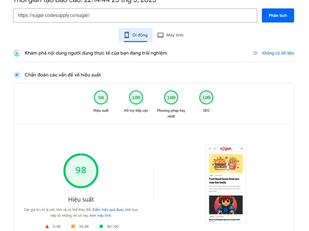 Tốc độ tải trang của theme sugar